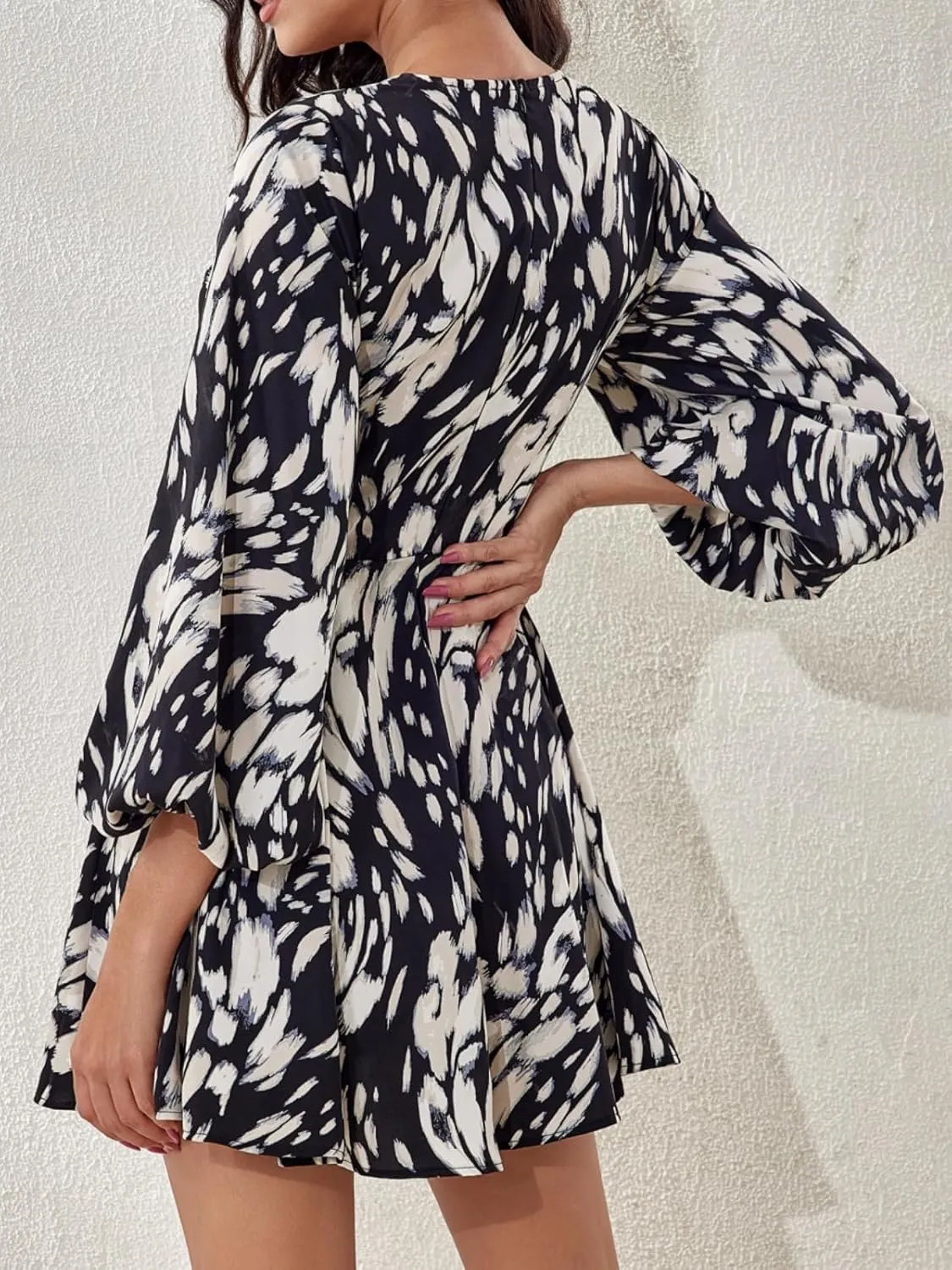Women's Flared Sleeves Printed Wrap A-Line Mini Boho Dress