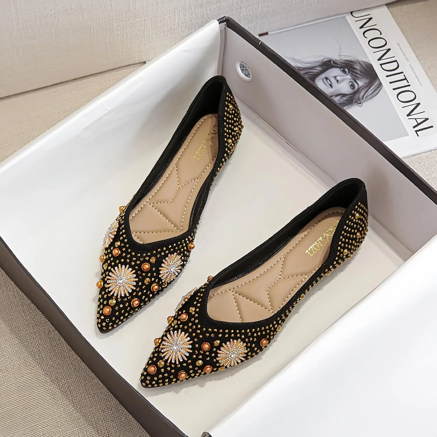 Women's Flats Comfortable Pointed Rhinestone Ballet Flats for Women Sparkle Elegant Dress Flats