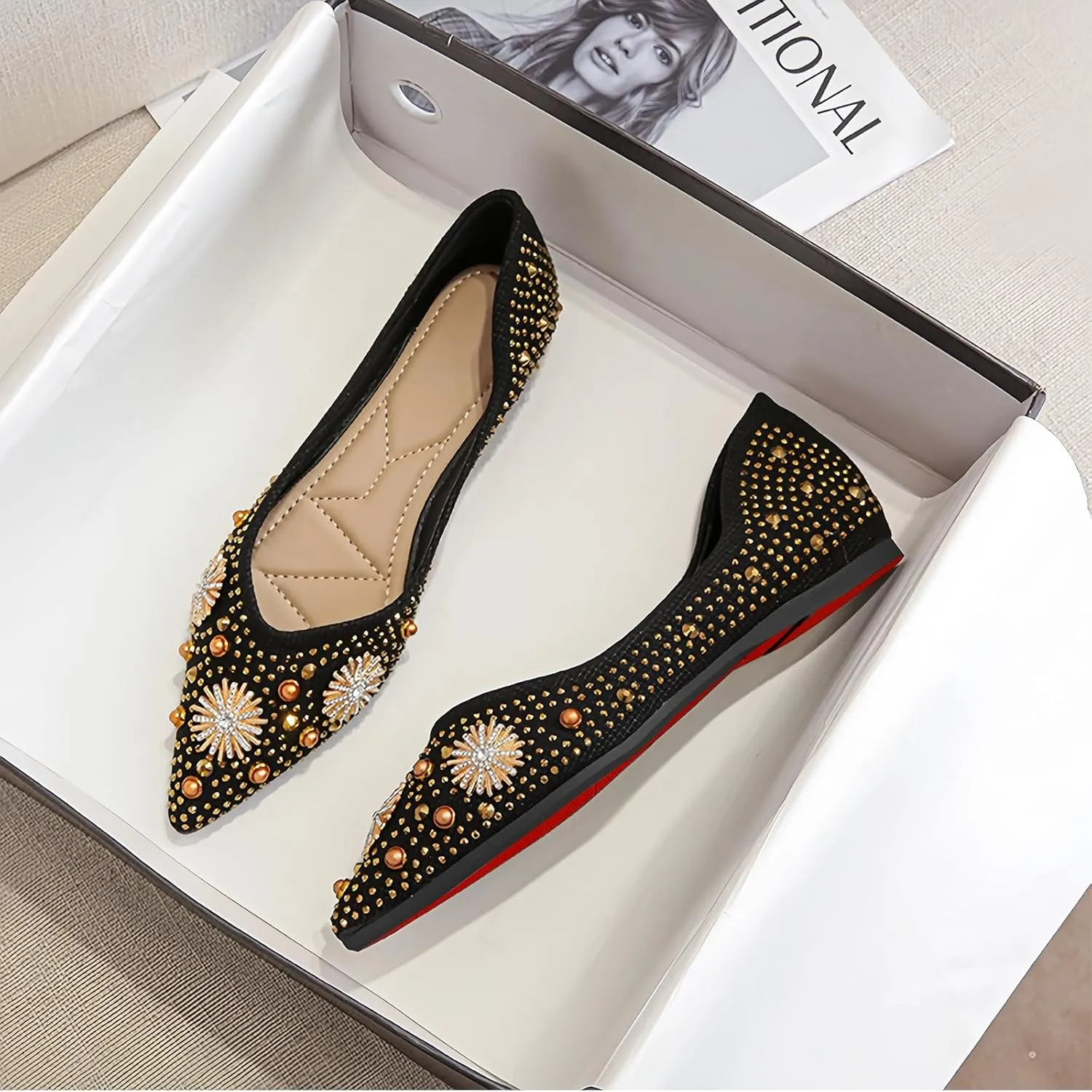 Women's Flats Comfortable Pointed Rhinestone Ballet Flats for Women Sparkle Elegant Dress Flats