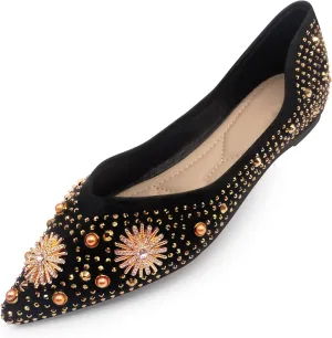 Women's Flats Comfortable Pointed Rhinestone Ballet Flats for Women Sparkle Elegant Dress Flats