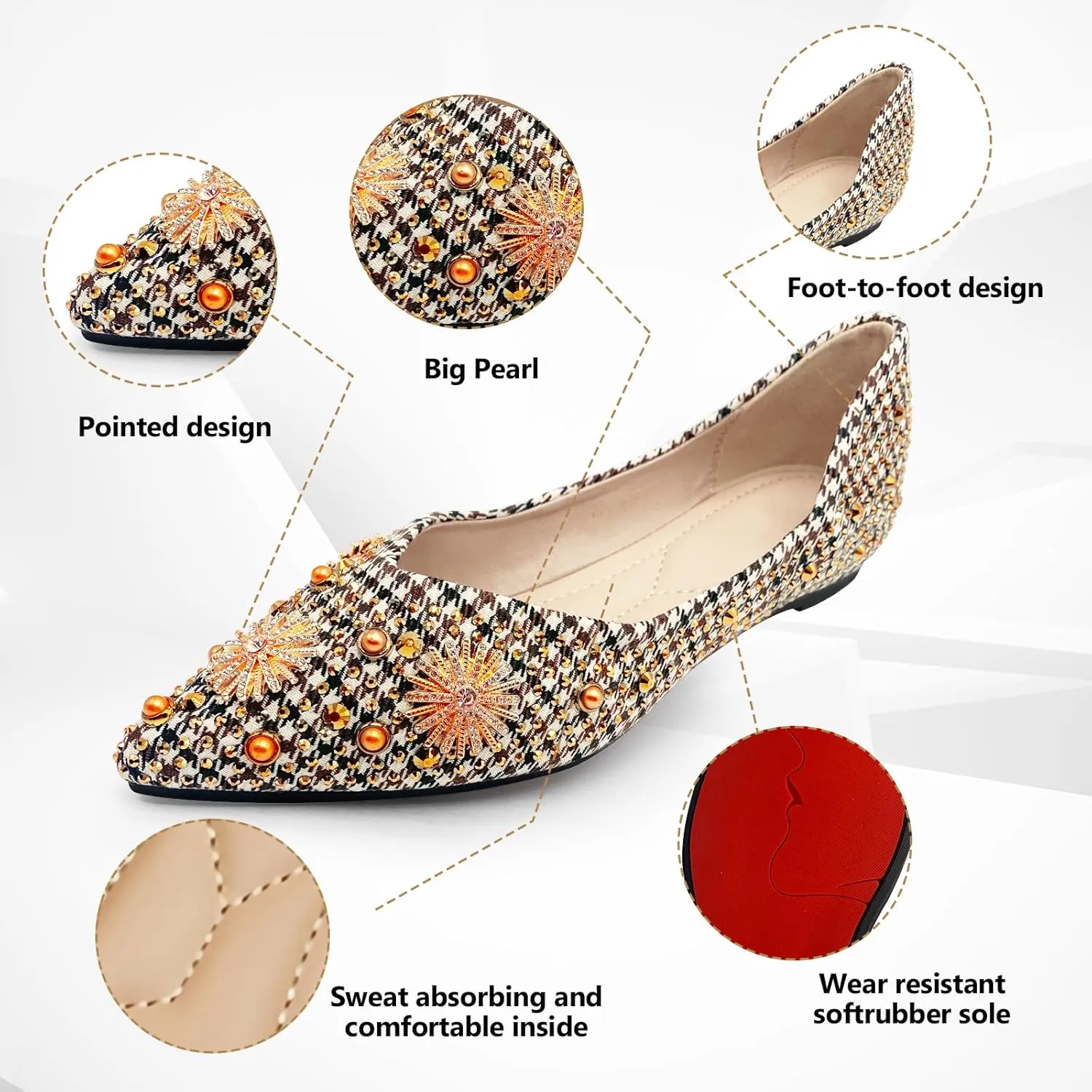 Women's Flats Comfortable Pointed Rhinestone Ballet Flats for Women Sparkle Elegant Dress Flats