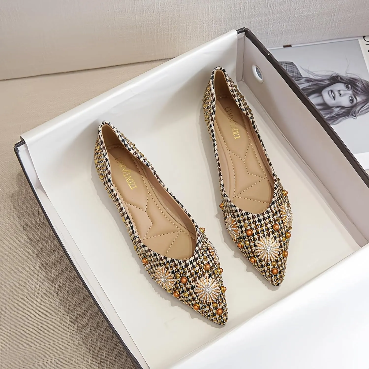 Women's Flats Comfortable Pointed Rhinestone Ballet Flats for Women Sparkle Elegant Dress Flats