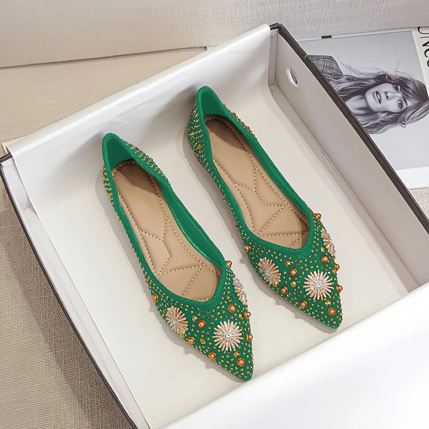 Women's Flats Comfortable Pointed Rhinestone Ballet Flats for Women Sparkle Elegant Dress Flats