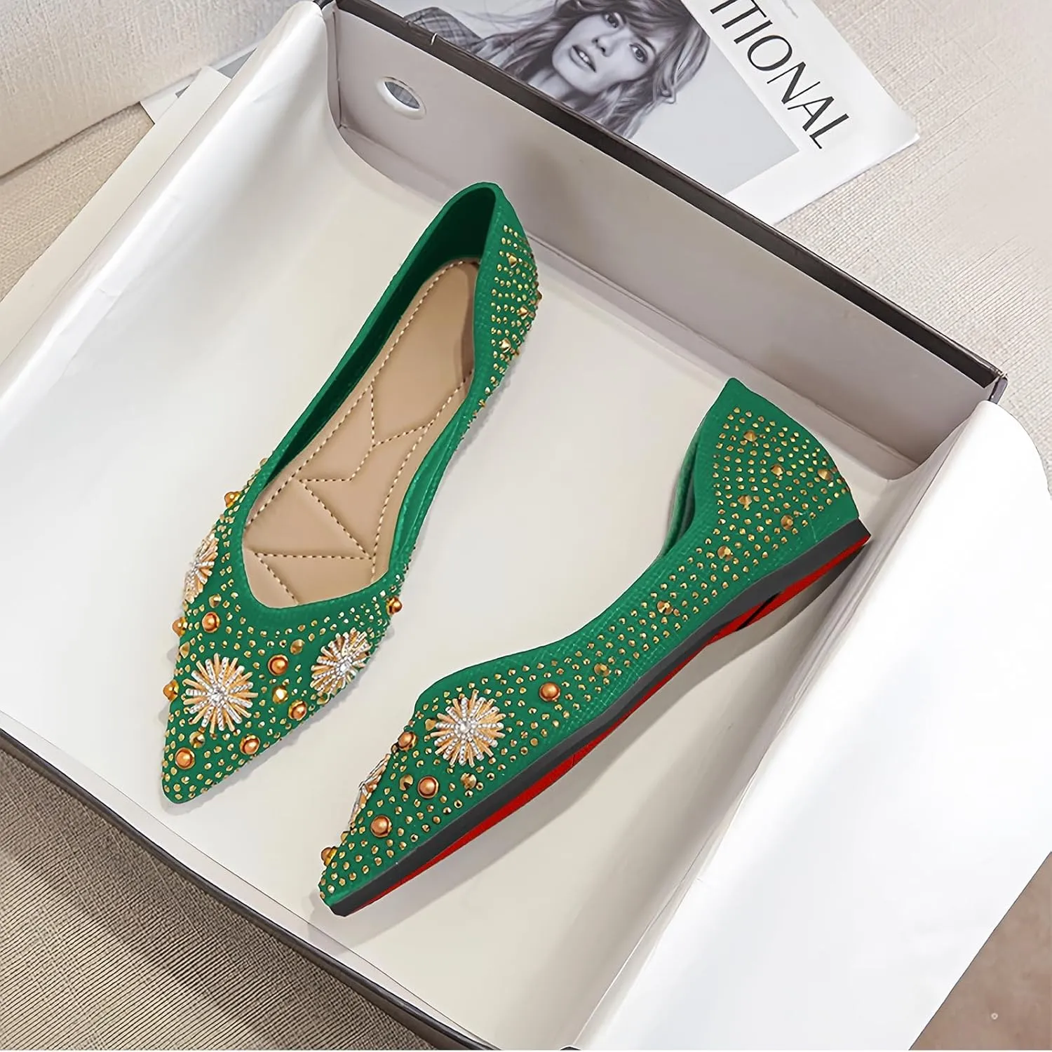 Women's Flats Comfortable Pointed Rhinestone Ballet Flats for Women Sparkle Elegant Dress Flats