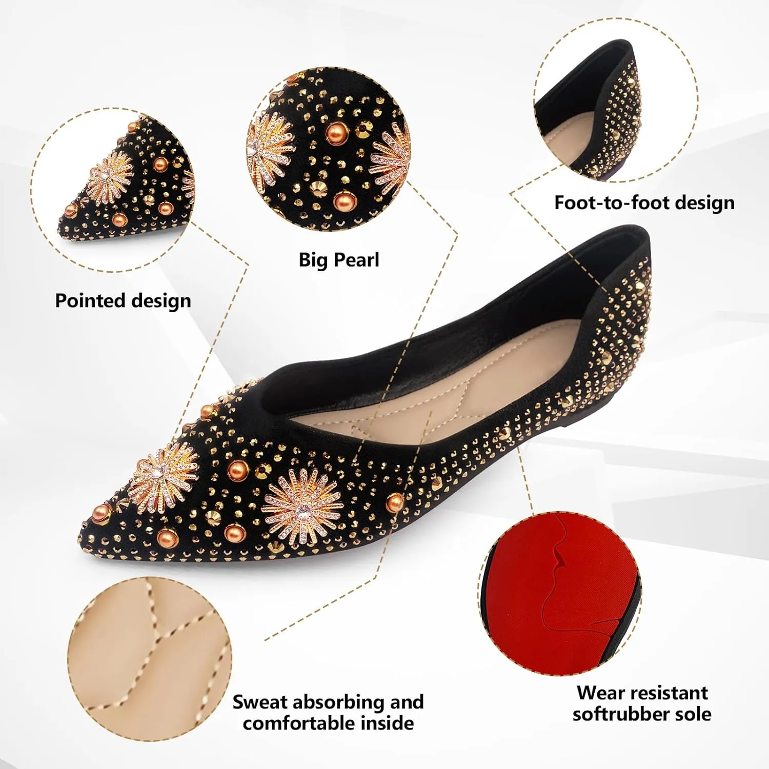 Women's Flats Comfortable Pointed Rhinestone Ballet Flats for Women Sparkle Elegant Dress Flats