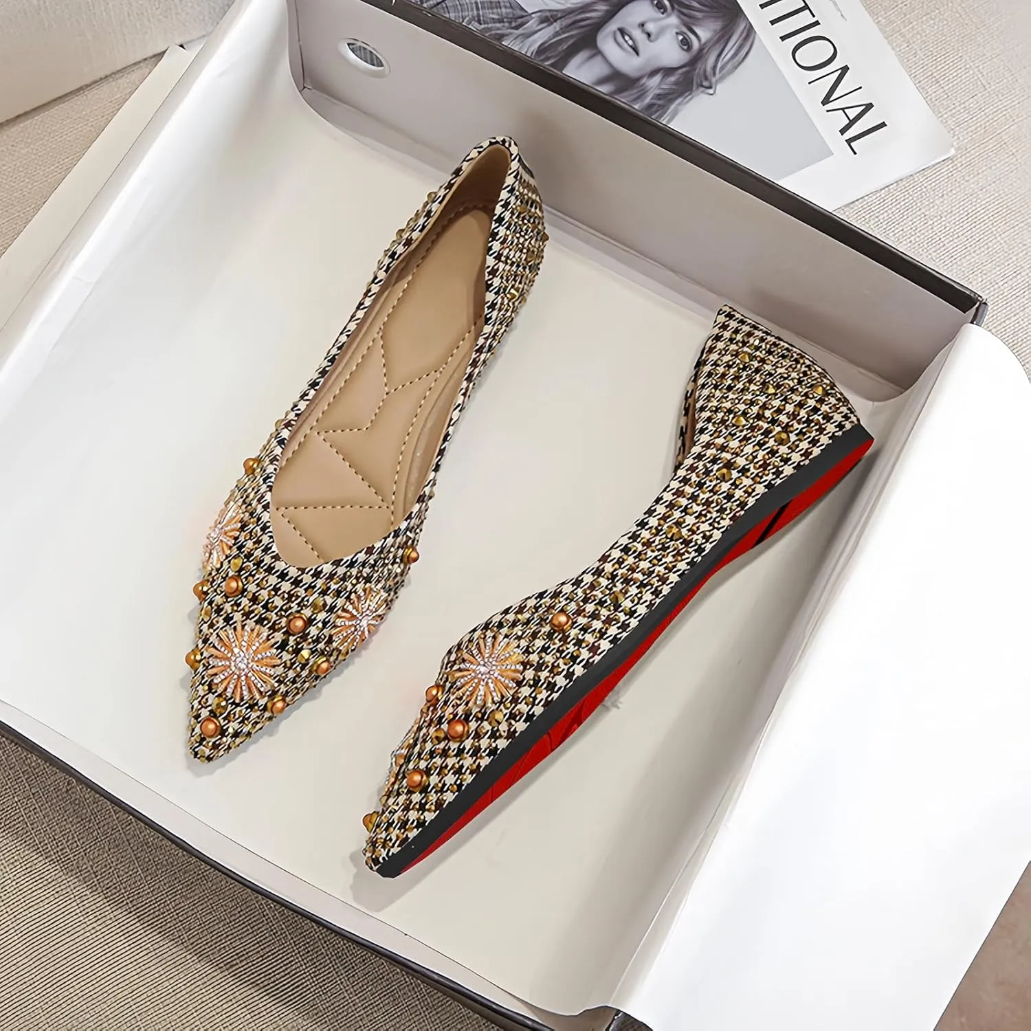 Women's Flats Comfortable Pointed Rhinestone Ballet Flats for Women Sparkle Elegant Dress Flats
