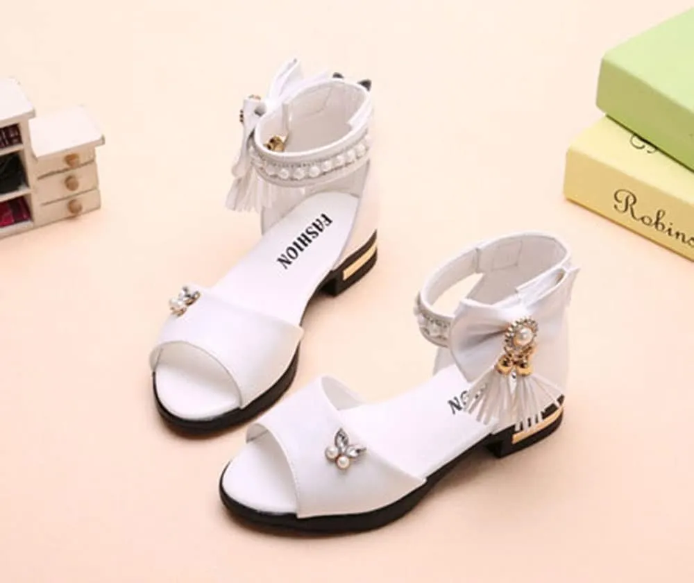 Women's Girl's Bowknot Sandals,Pearl Princess Shoes Rhinestone Summer Shoes Tassel Fashion Flat Shoes Comfortable Soft Bottom Shoes