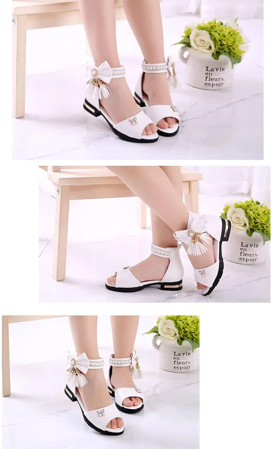 Women's Girl's Bowknot Sandals,Pearl Princess Shoes Rhinestone Summer Shoes Tassel Fashion Flat Shoes Comfortable Soft Bottom Shoes