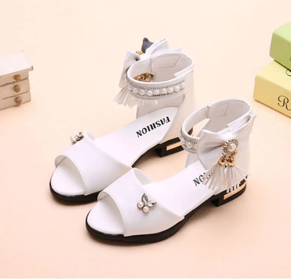 Women's Girl's Bowknot Sandals,Pearl Princess Shoes Rhinestone Summer Shoes Tassel Fashion Flat Shoes Comfortable Soft Bottom Shoes