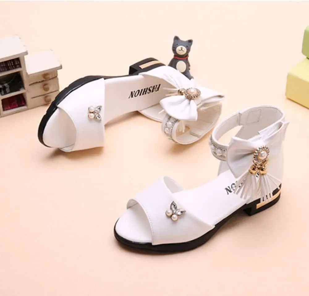 Women's Girl's Bowknot Sandals,Pearl Princess Shoes Rhinestone Summer Shoes Tassel Fashion Flat Shoes Comfortable Soft Bottom Shoes