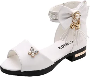Women's Girl's Bowknot Sandals,Pearl Princess Shoes Rhinestone Summer Shoes Tassel Fashion Flat Shoes Comfortable Soft Bottom Shoes