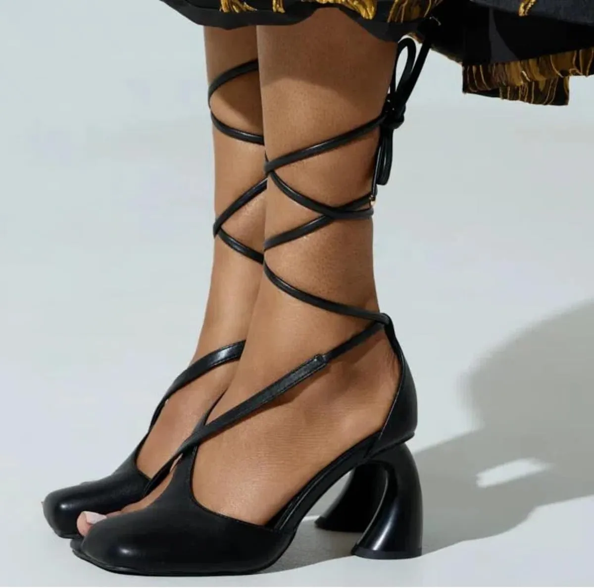 Women's Half-Open Square Toe Chunky High Heels Lace Up Heeled Sandals