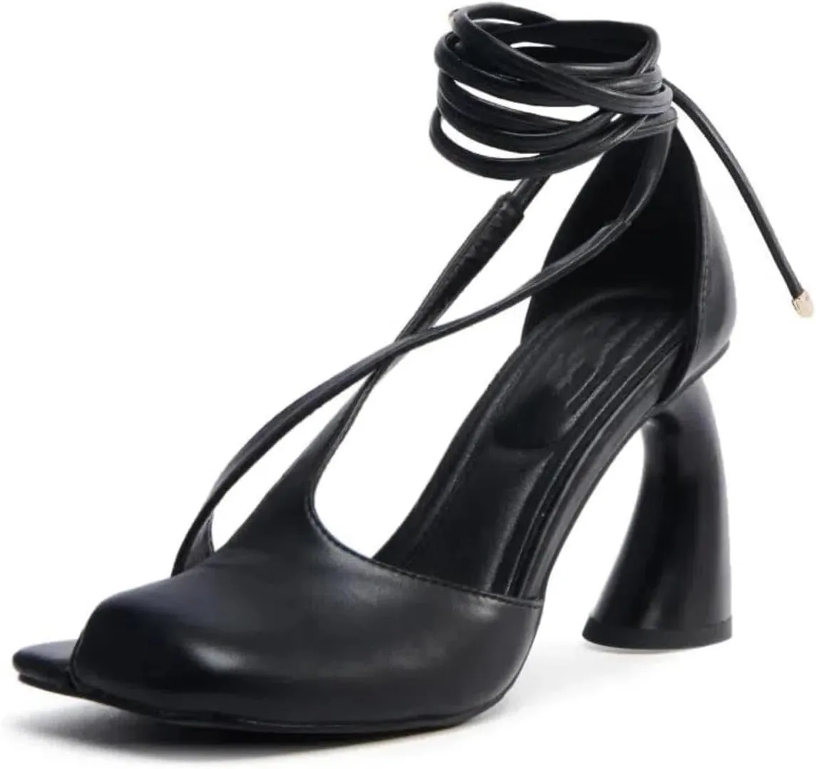Women's Half-Open Square Toe Chunky High Heels Lace Up Heeled Sandals