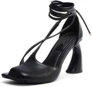 Women's Half-Open Square Toe Chunky High Heels Lace Up Heeled Sandals