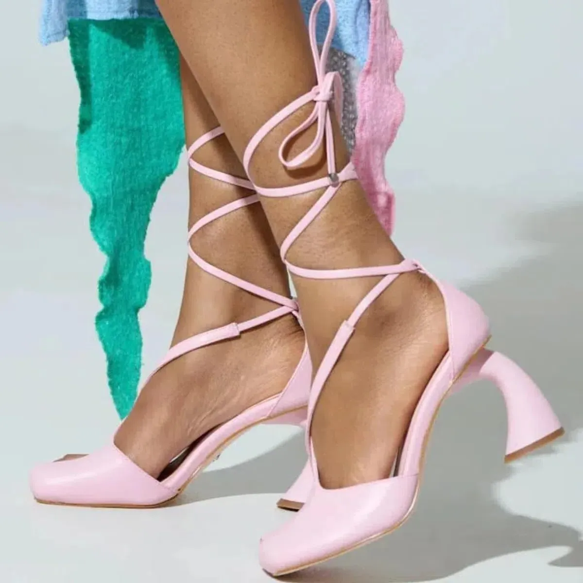 Women's Half-Open Square Toe Chunky High Heels Lace Up Heeled Sandals
