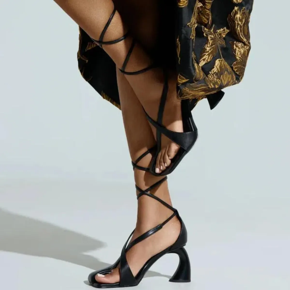 Women's Half-Open Square Toe Chunky High Heels Lace Up Heeled Sandals