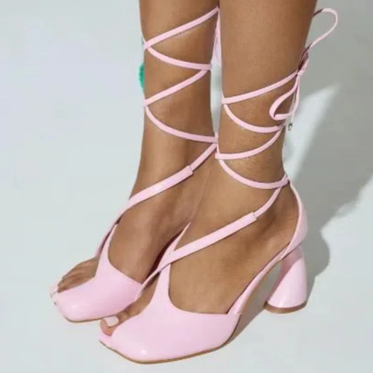 Women's Half-Open Square Toe Chunky High Heels Lace Up Heeled Sandals