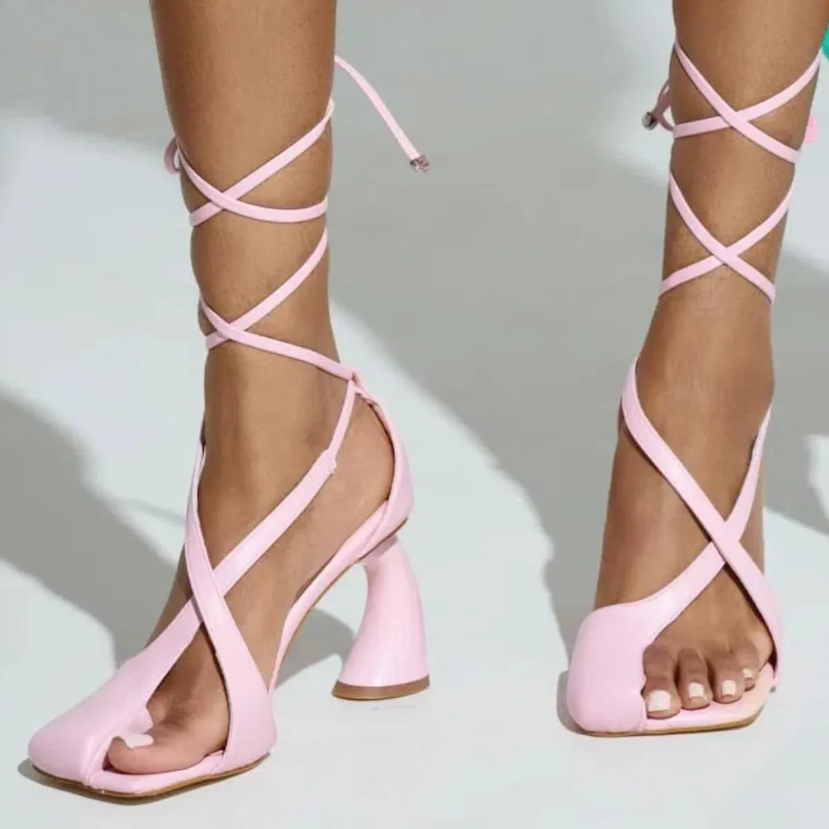Women's Half-Open Square Toe Chunky High Heels Lace Up Heeled Sandals
