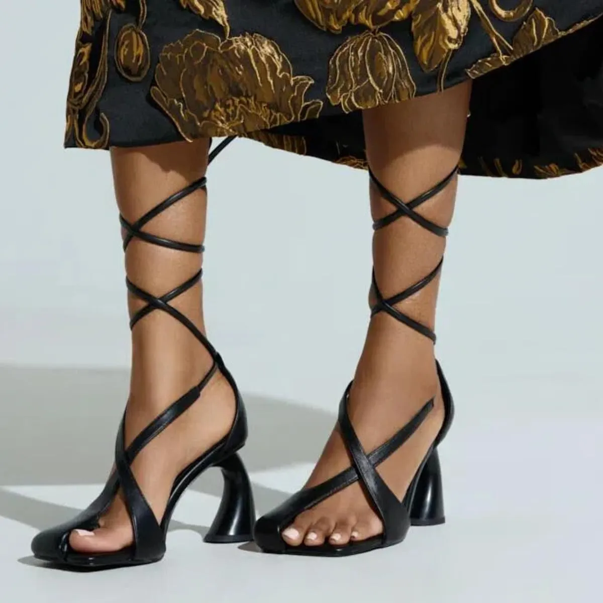 Women's Half-Open Square Toe Chunky High Heels Lace Up Heeled Sandals