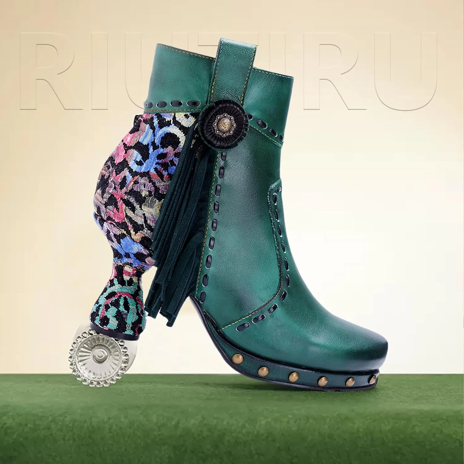 Women's Handmade Retro Lambskin High Heel Boots, Colorful Painting, Metallic Style - Fashion, Comfortable, Durable, Unique Minority Style