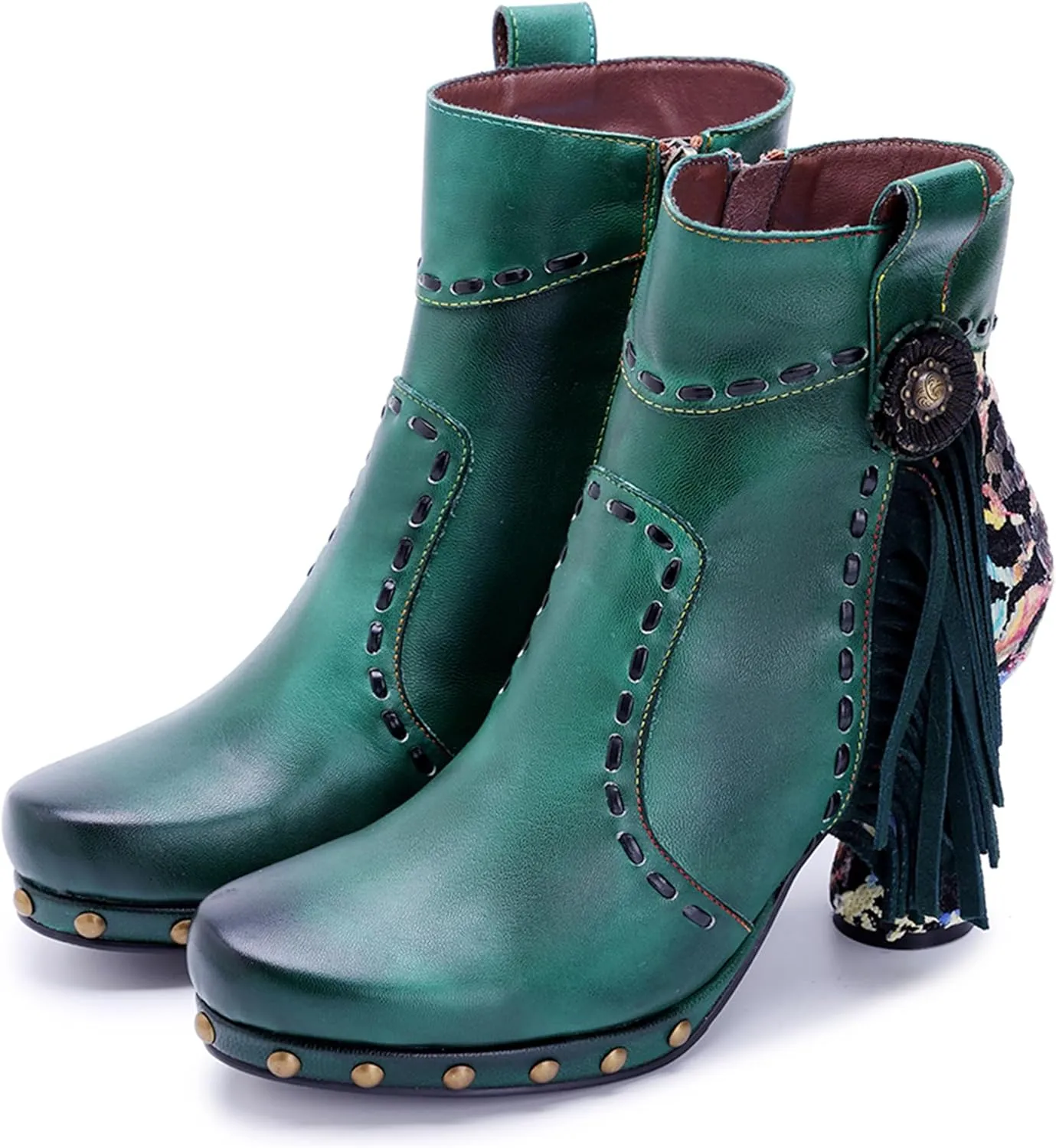 Women's Handmade Retro Lambskin High Heel Boots, Colorful Painting, Metallic Style - Fashion, Comfortable, Durable, Unique Minority Style