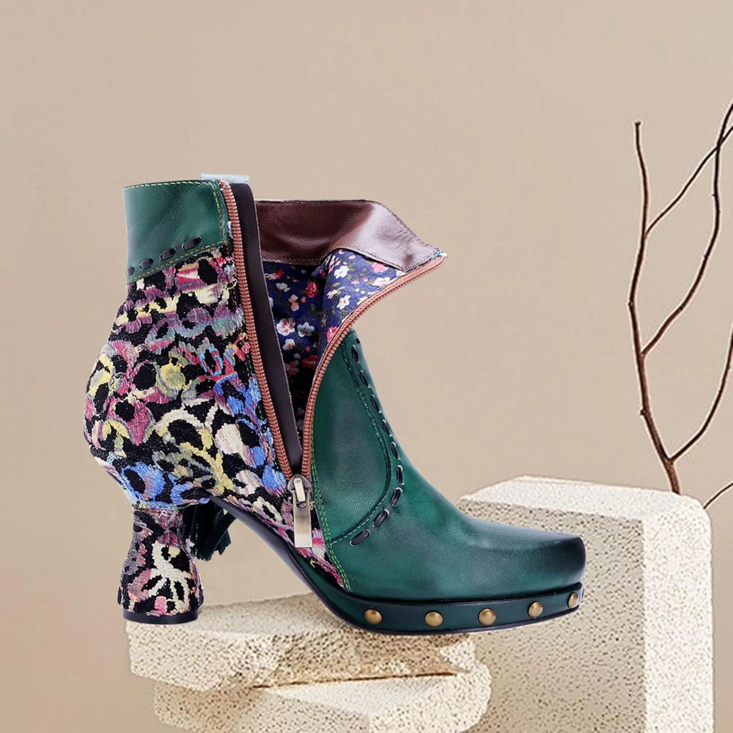 Women's Handmade Retro Lambskin High Heel Boots, Colorful Painting, Metallic Style - Fashion, Comfortable, Durable, Unique Minority Style