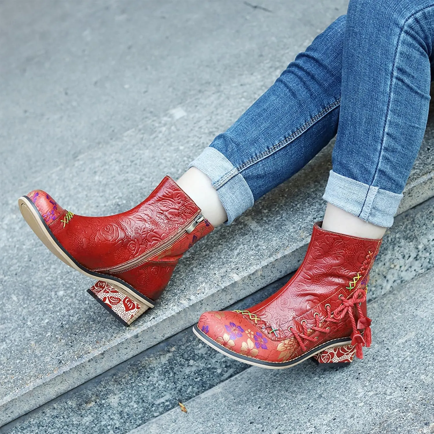 Women's Handmade Retro Lambskin High Heel Boots, Colorful Painting, Metallic Style - Fashion, Comfortable, Durable, Unique Minority Style