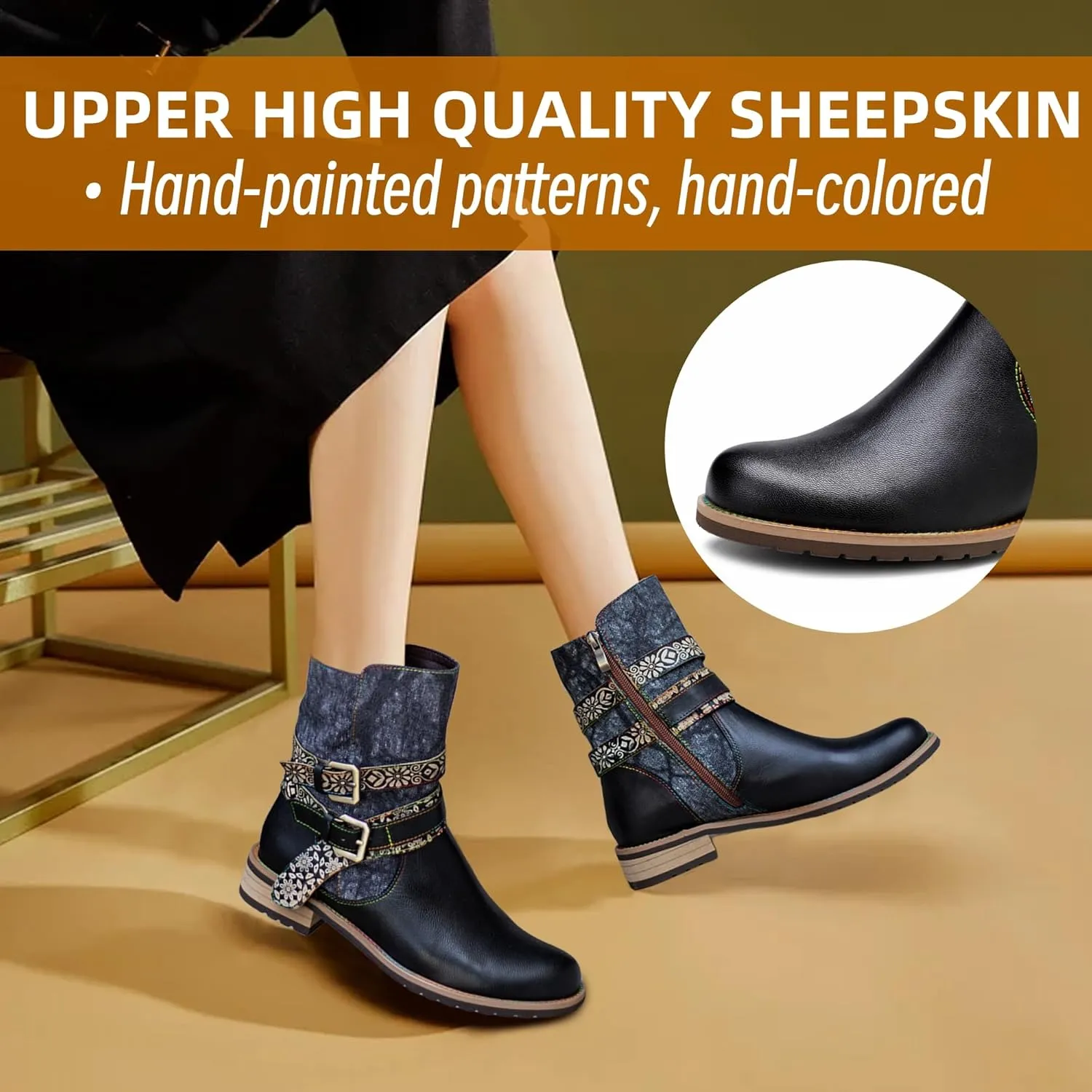 Women's Handmade Retro Lambskin High Heel Boots, Colorful Painting, Metallic Style - Fashion, Comfortable, Durable, Unique Minority Style