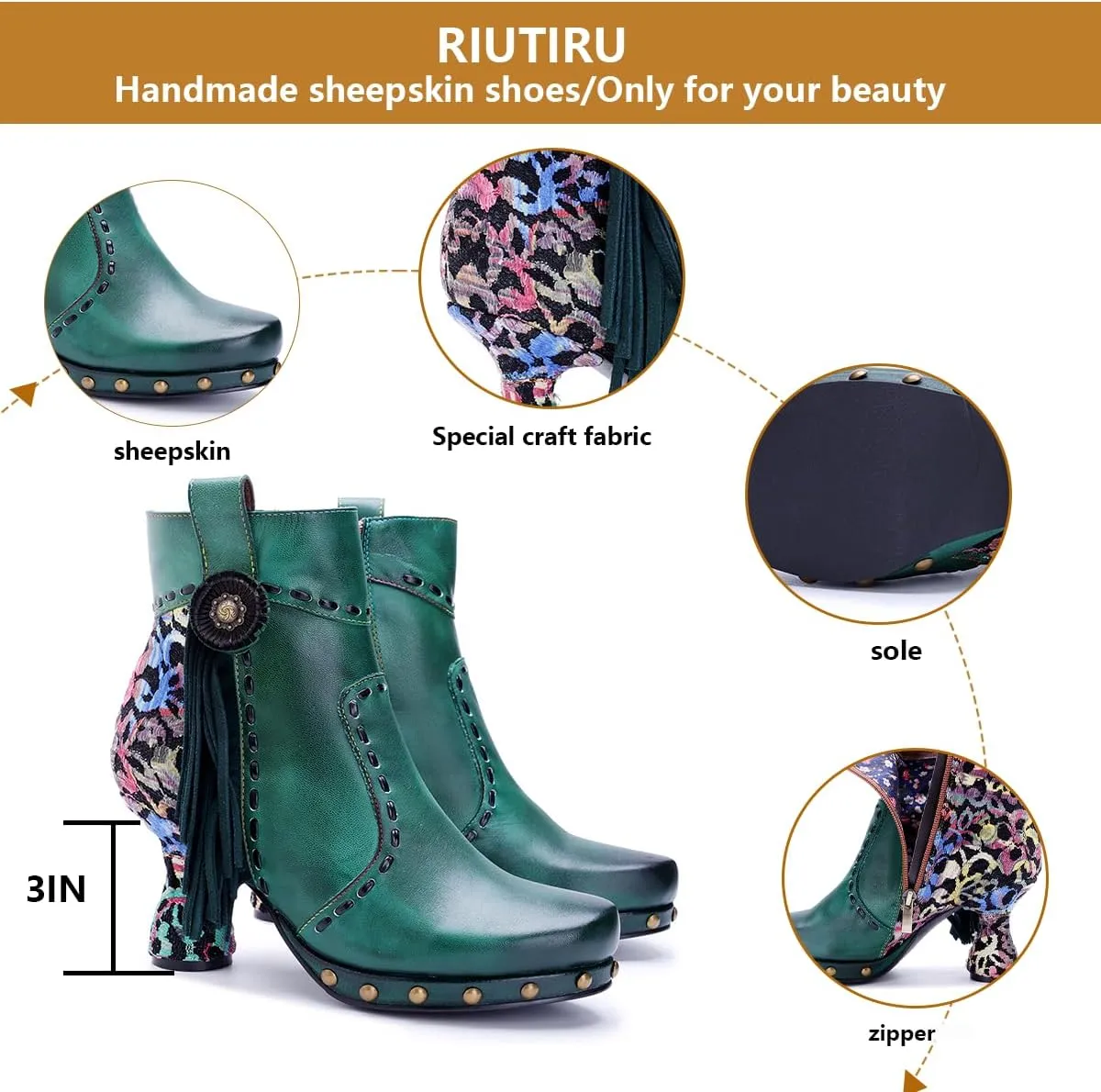 Women's Handmade Retro Lambskin High Heel Boots, Colorful Painting, Metallic Style - Fashion, Comfortable, Durable, Unique Minority Style