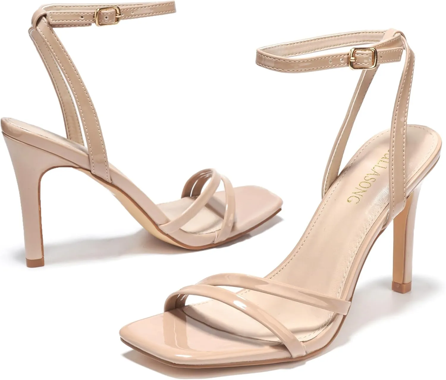 Women's Heels Strappy Ankle Strap High Heels 3.5 Inch Heeled Square Open Toe Sandals for Women