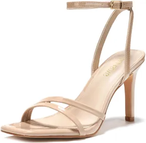 Women's Heels Strappy Ankle Strap High Heels 3.5 Inch Heeled Square Open Toe Sandals for Women