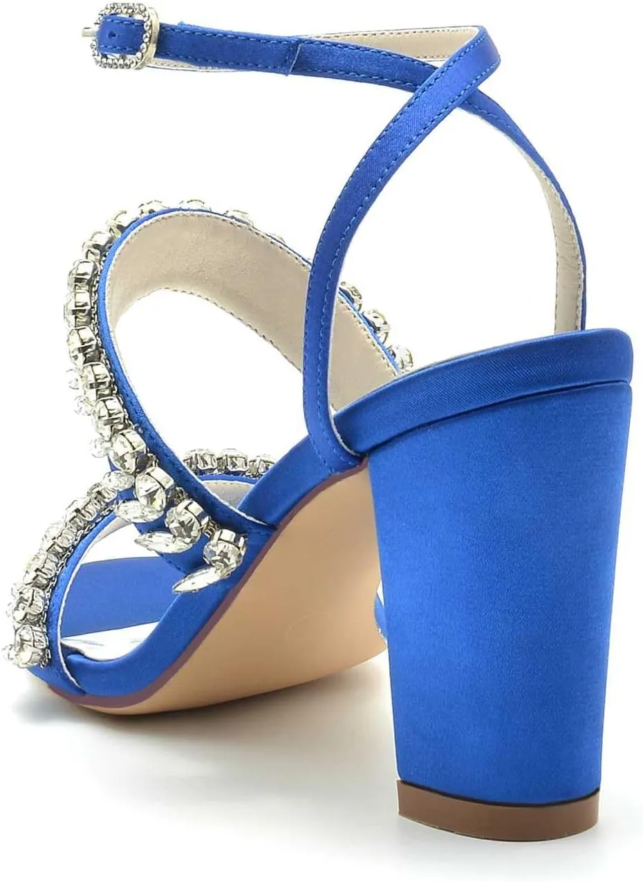 Women's High Heels - Chunky Block Design with Rhinestone Accents, Buckle Detail, Satin Fabric, Sexy Open Toe, Versatile for Dressy Occasions