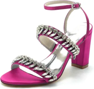 Women's High Heels - Chunky Block Design with Rhinestone Accents, Buckle Detail, Satin Fabric, Sexy Open Toe, Versatile for Dressy Occasions