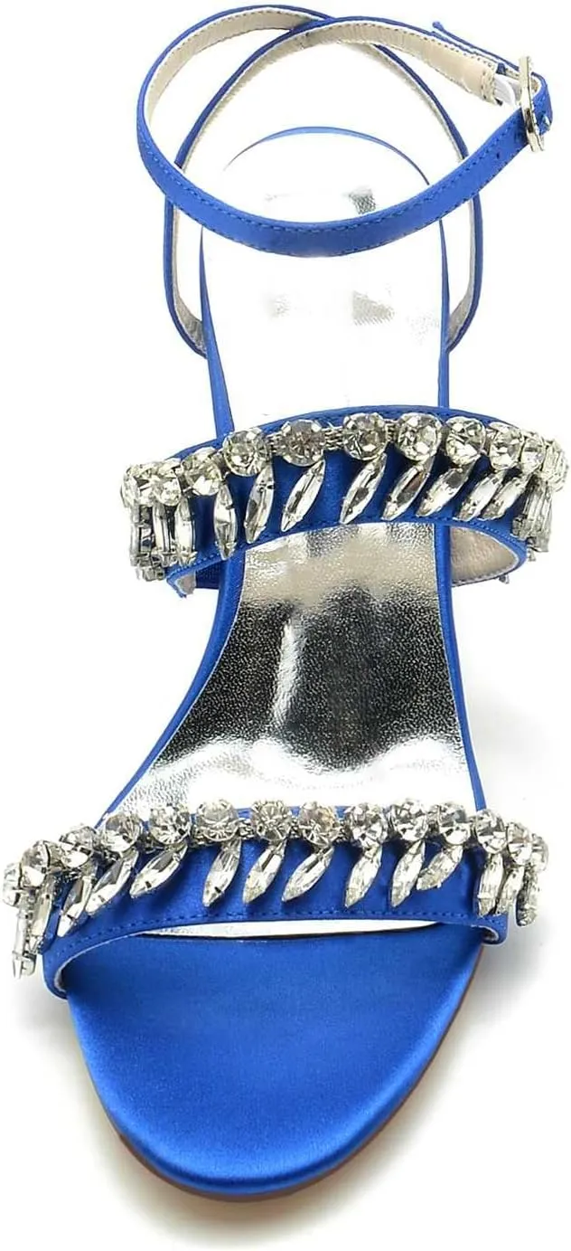 Women's High Heels - Chunky Block Design with Rhinestone Accents, Buckle Detail, Satin Fabric, Sexy Open Toe, Versatile for Dressy Occasions