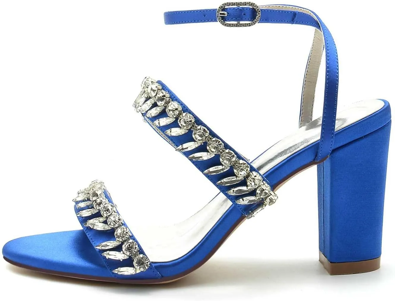 Women's High Heels - Chunky Block Design with Rhinestone Accents, Buckle Detail, Satin Fabric, Sexy Open Toe, Versatile for Dressy Occasions