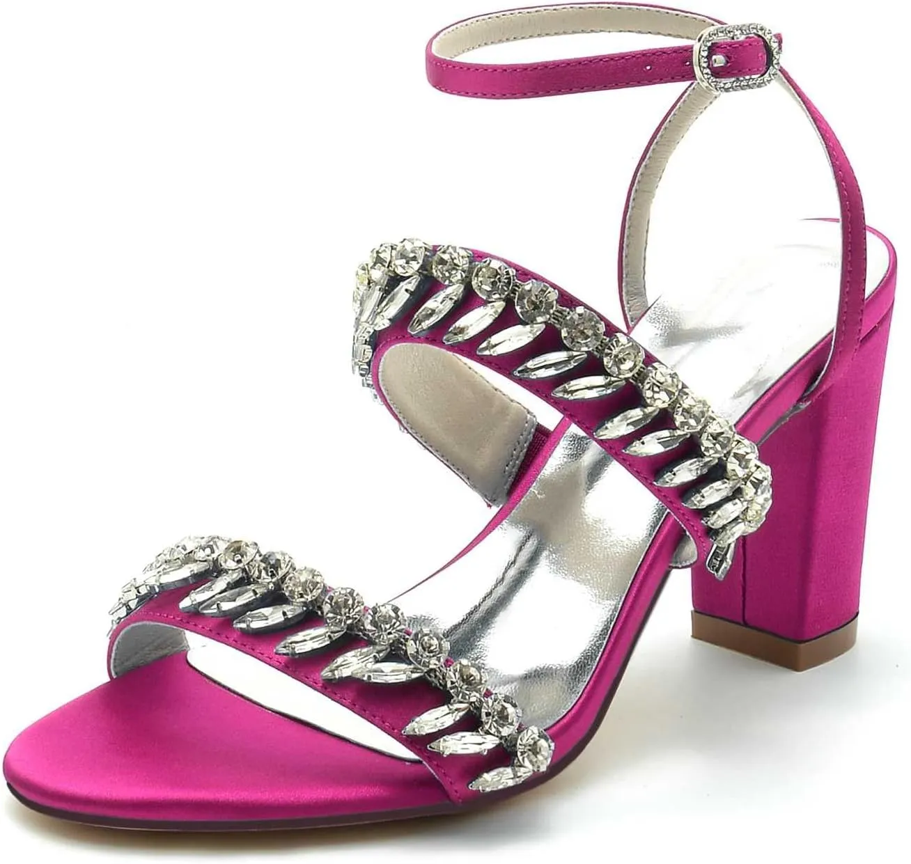 Women's High Heels - Chunky Block Design with Rhinestone Accents, Buckle Detail, Satin Fabric, Sexy Open Toe, Versatile for Dressy Occasions