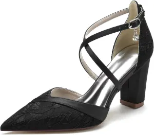 Women's Lace Satin Wedding Shoes for Bride High Heels Pointed Toe Cross Strap Ankle Shoes Satin Block Heels Prom Party Dress Pumps Sandals