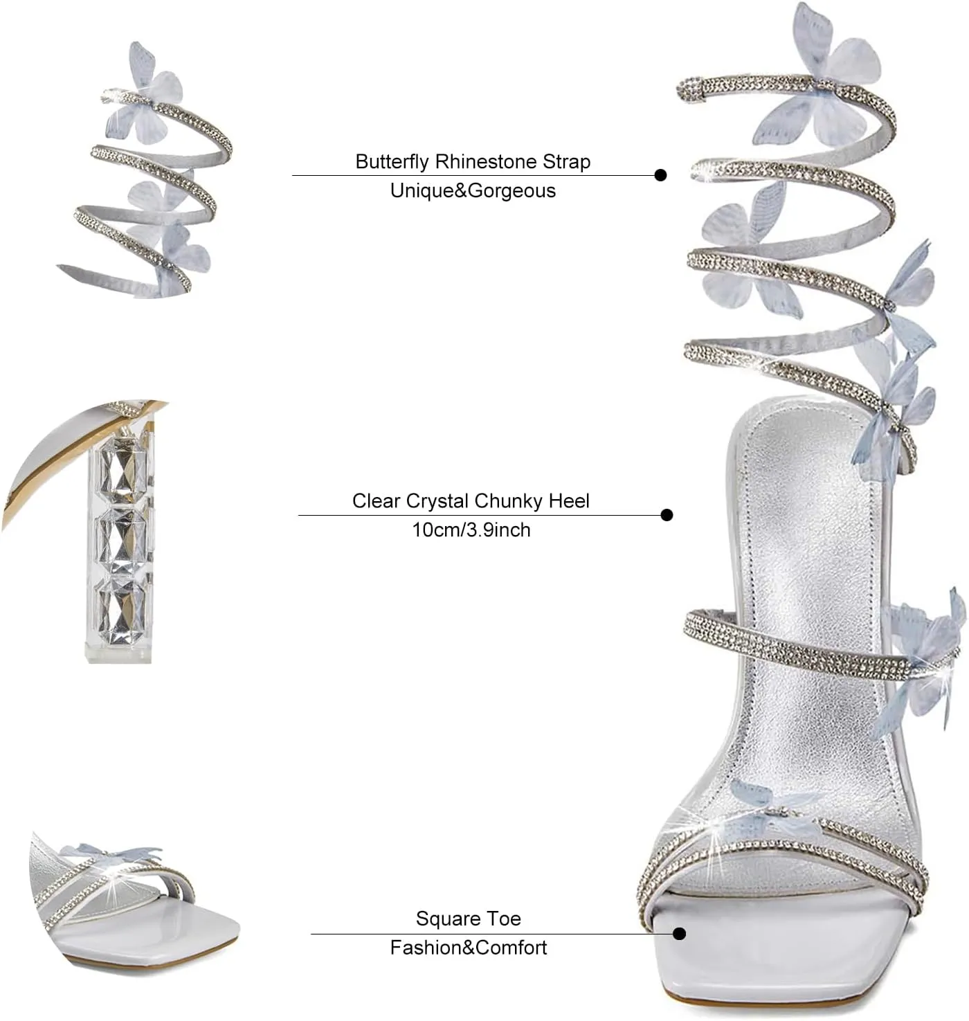 Womens Lace Up Sandals Square Open Toe Chunky High Heels Rhinestone Strappy High Block Heel Sandals Sparkly Dress Party Wedding Shoes