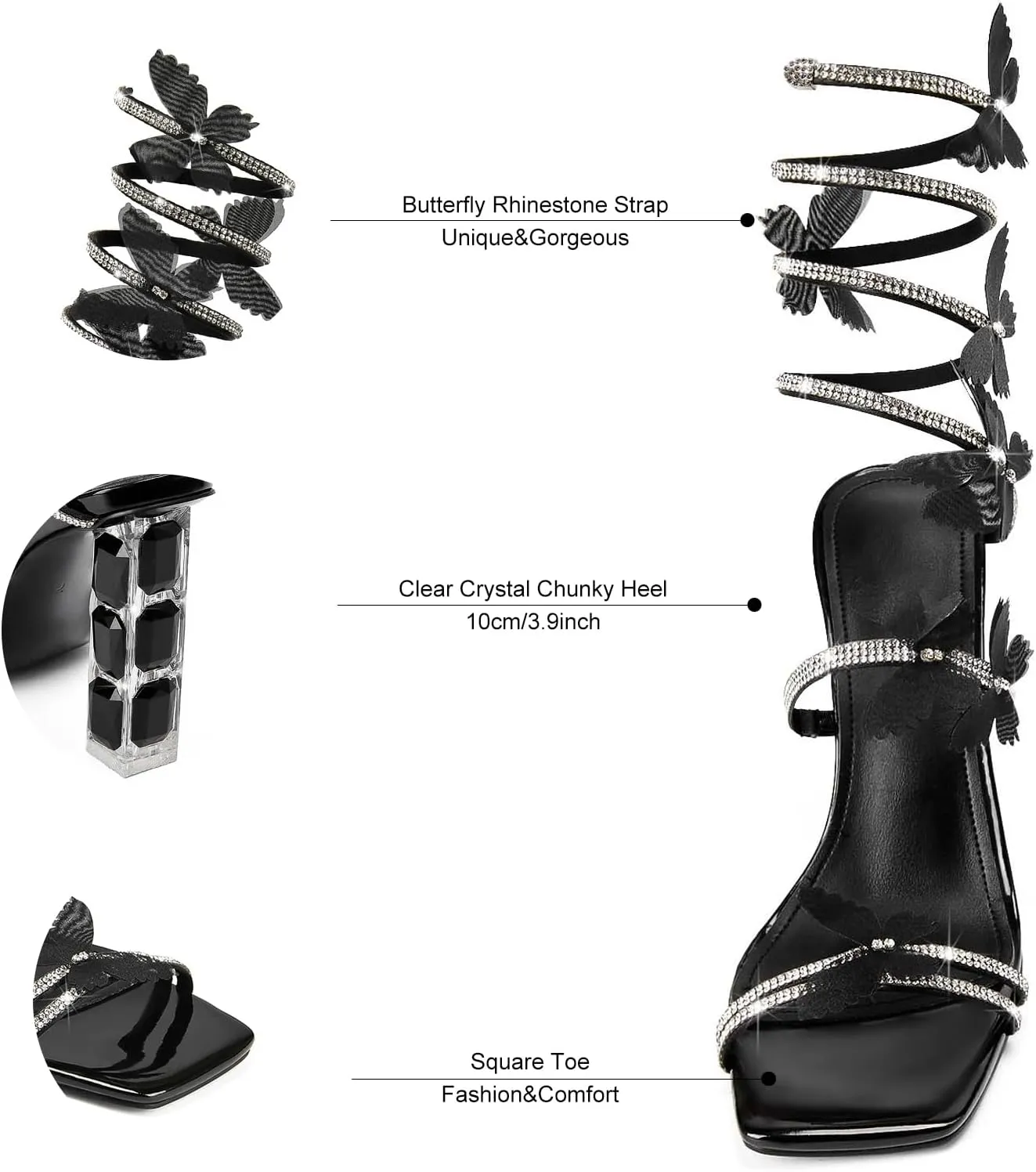 Womens Lace Up Sandals Square Open Toe Chunky High Heels Rhinestone Strappy High Block Heel Sandals Sparkly Dress Party Wedding Shoes