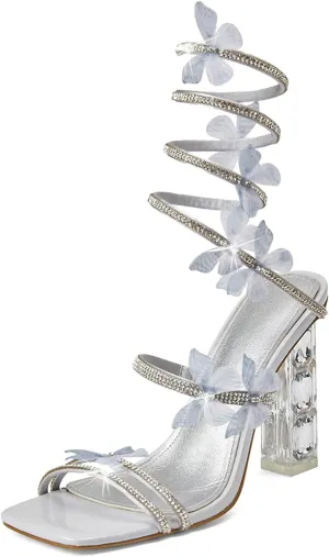 Womens Lace Up Sandals Square Open Toe Chunky High Heels Rhinestone Strappy High Block Heel Sandals Sparkly Dress Party Wedding Shoes