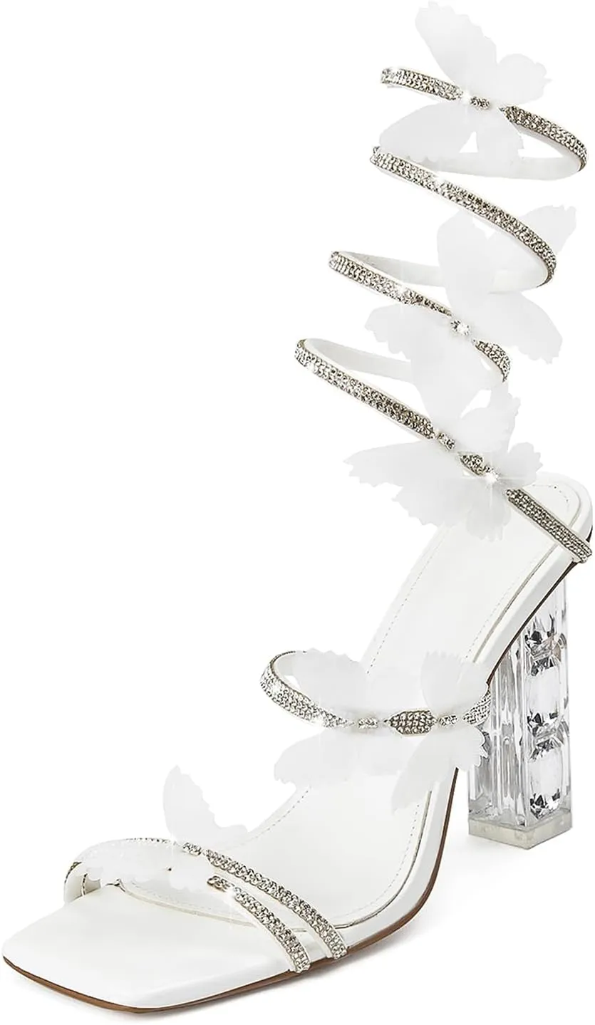 Womens Lace Up Sandals Square Open Toe Chunky High Heels Rhinestone Strappy High Block Heel Sandals Sparkly Dress Party Wedding Shoes