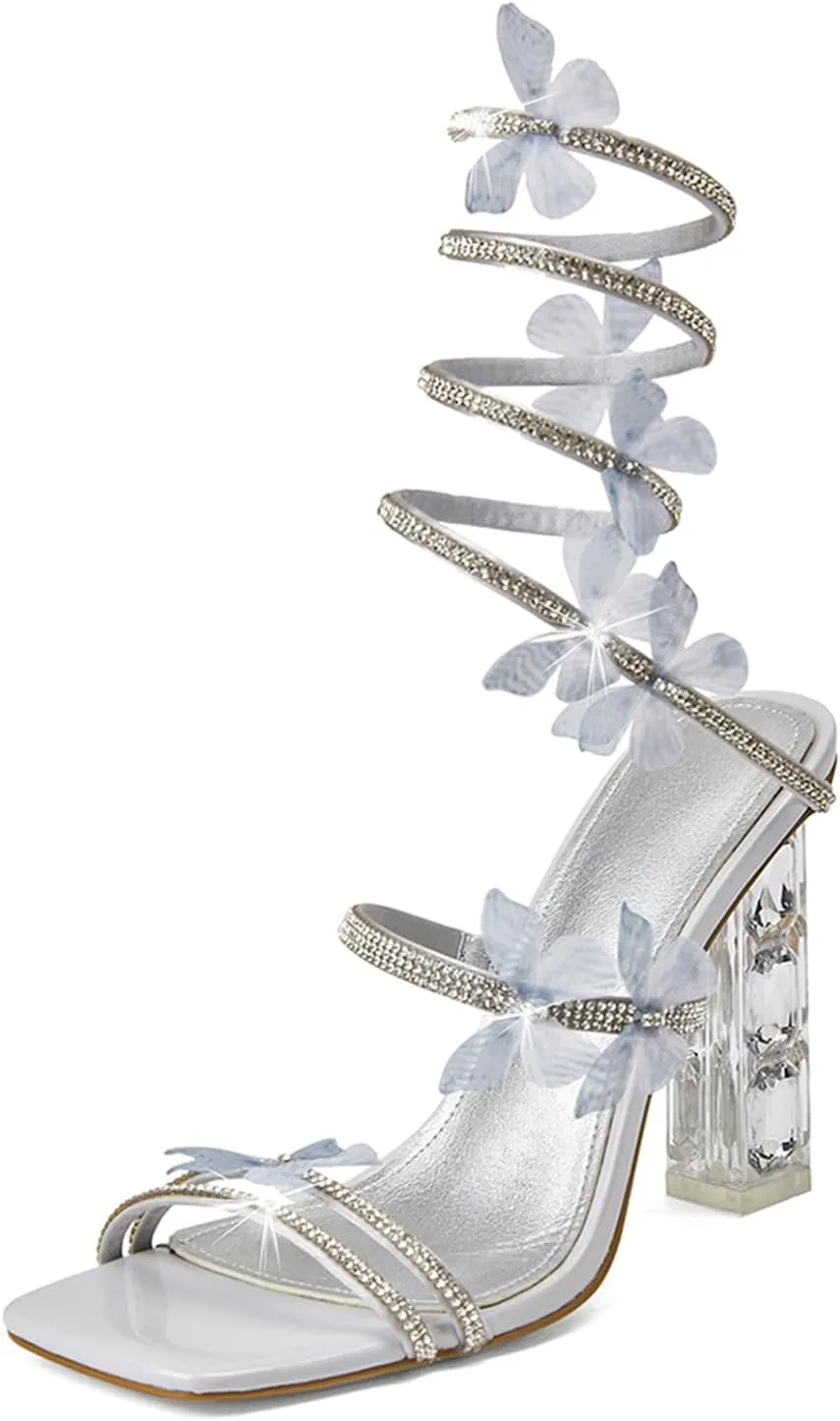 Womens Lace Up Sandals Square Open Toe Chunky High Heels Rhinestone Strappy High Block Heel Sandals Sparkly Dress Party Wedding Shoes