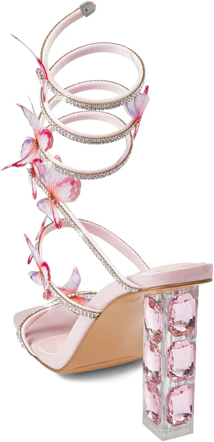 Womens Lace Up Sandals Square Open Toe Chunky High Heels Rhinestone Strappy High Block Heel Sandals Sparkly Dress Party Wedding Shoes