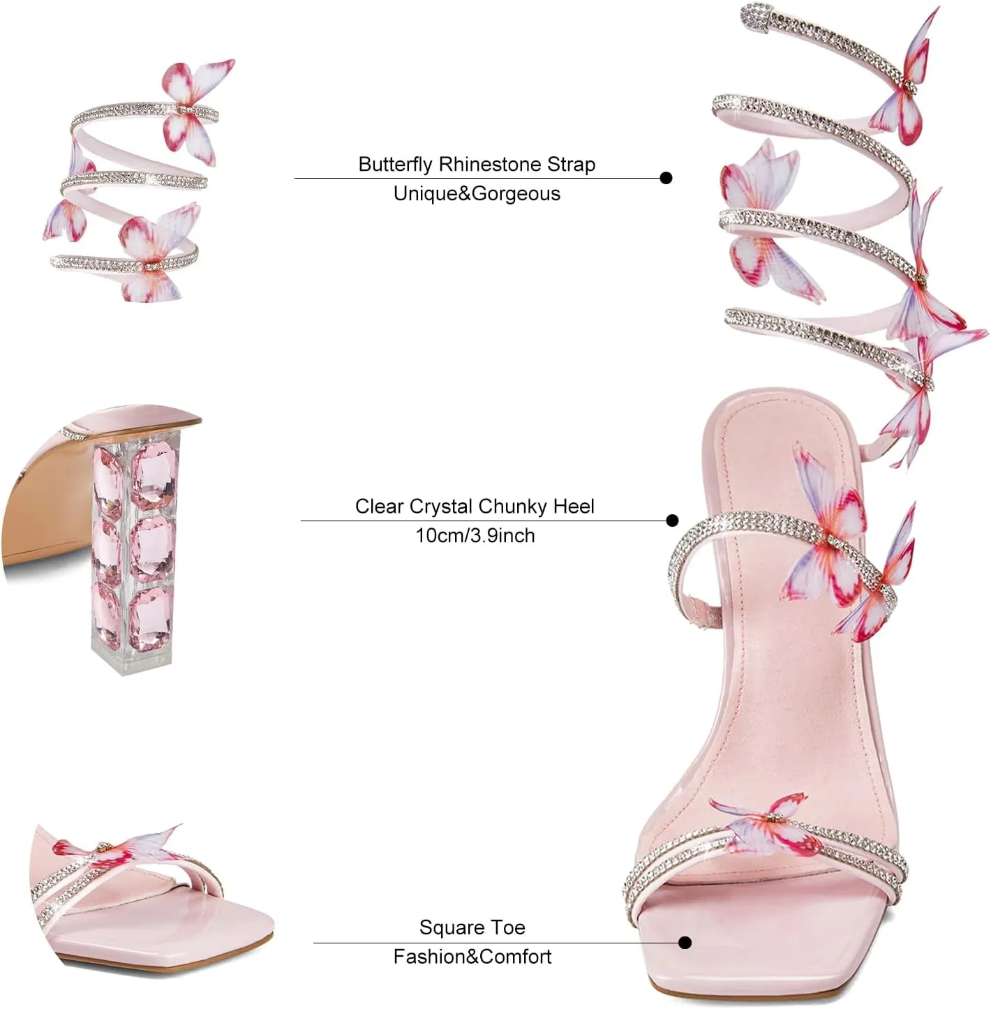 Womens Lace Up Sandals Square Open Toe Chunky High Heels Rhinestone Strappy High Block Heel Sandals Sparkly Dress Party Wedding Shoes