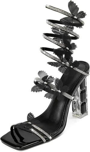 Womens Lace Up Sandals Square Open Toe Chunky High Heels Rhinestone Strappy High Block Heel Sandals Sparkly Dress Party Wedding Shoes