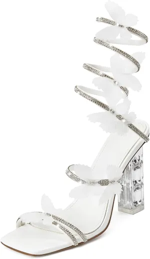 Womens Lace Up Sandals Square Open Toe Chunky High Heels Rhinestone Strappy High Block Heel Sandals Sparkly Dress Party Wedding Shoes