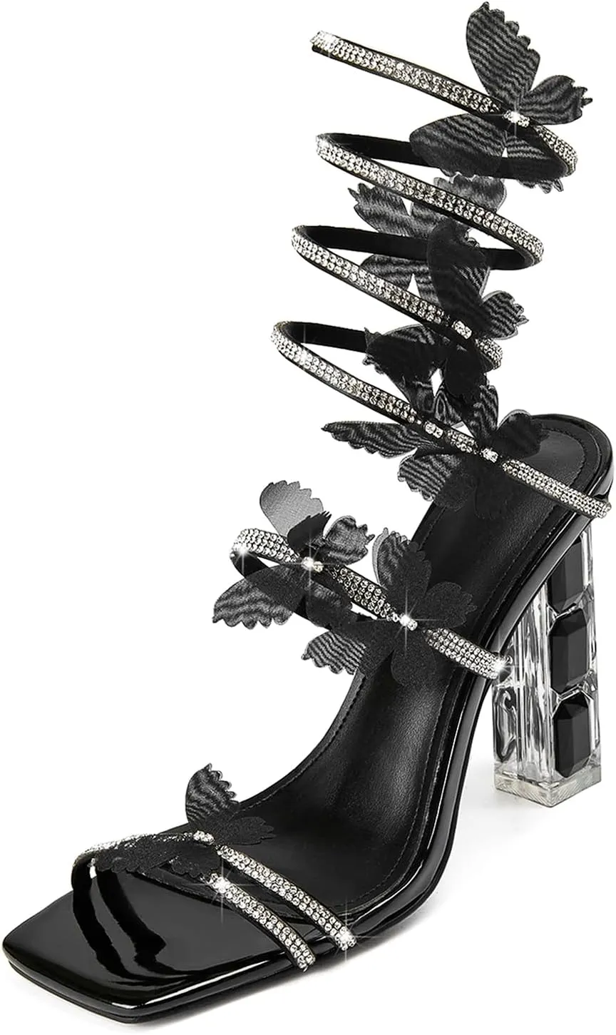 Womens Lace Up Sandals Square Open Toe Chunky High Heels Rhinestone Strappy High Block Heel Sandals Sparkly Dress Party Wedding Shoes