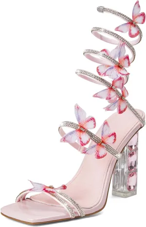Womens Lace Up Sandals Square Open Toe Chunky High Heels Rhinestone Strappy High Block Heel Sandals Sparkly Dress Party Wedding Shoes
