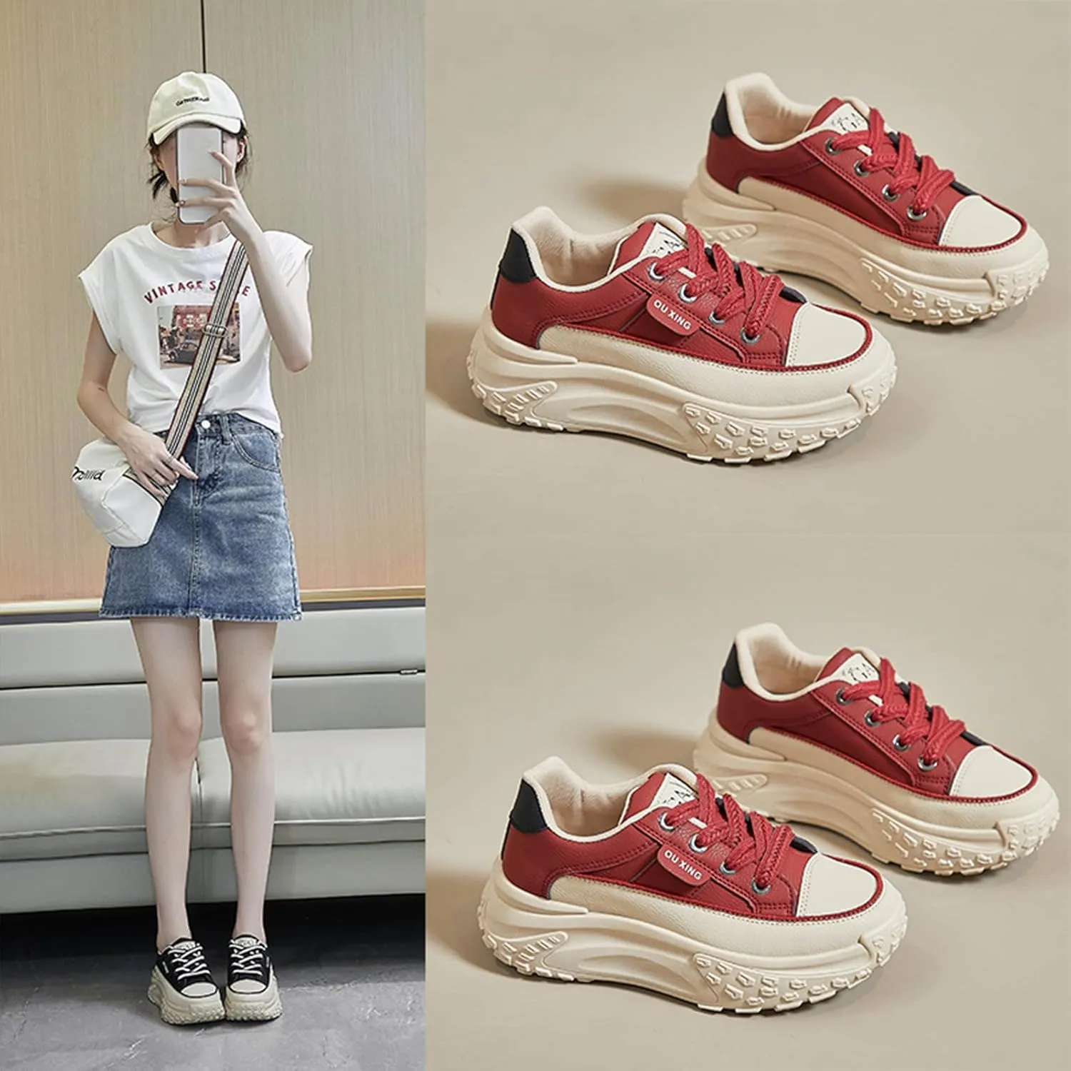 Women's Leather Platform Increasing Sneakers Fashion Chunky Lace Up Low Top Sports Trainers High Top Casual Non-Slip Walking Dad Shoes