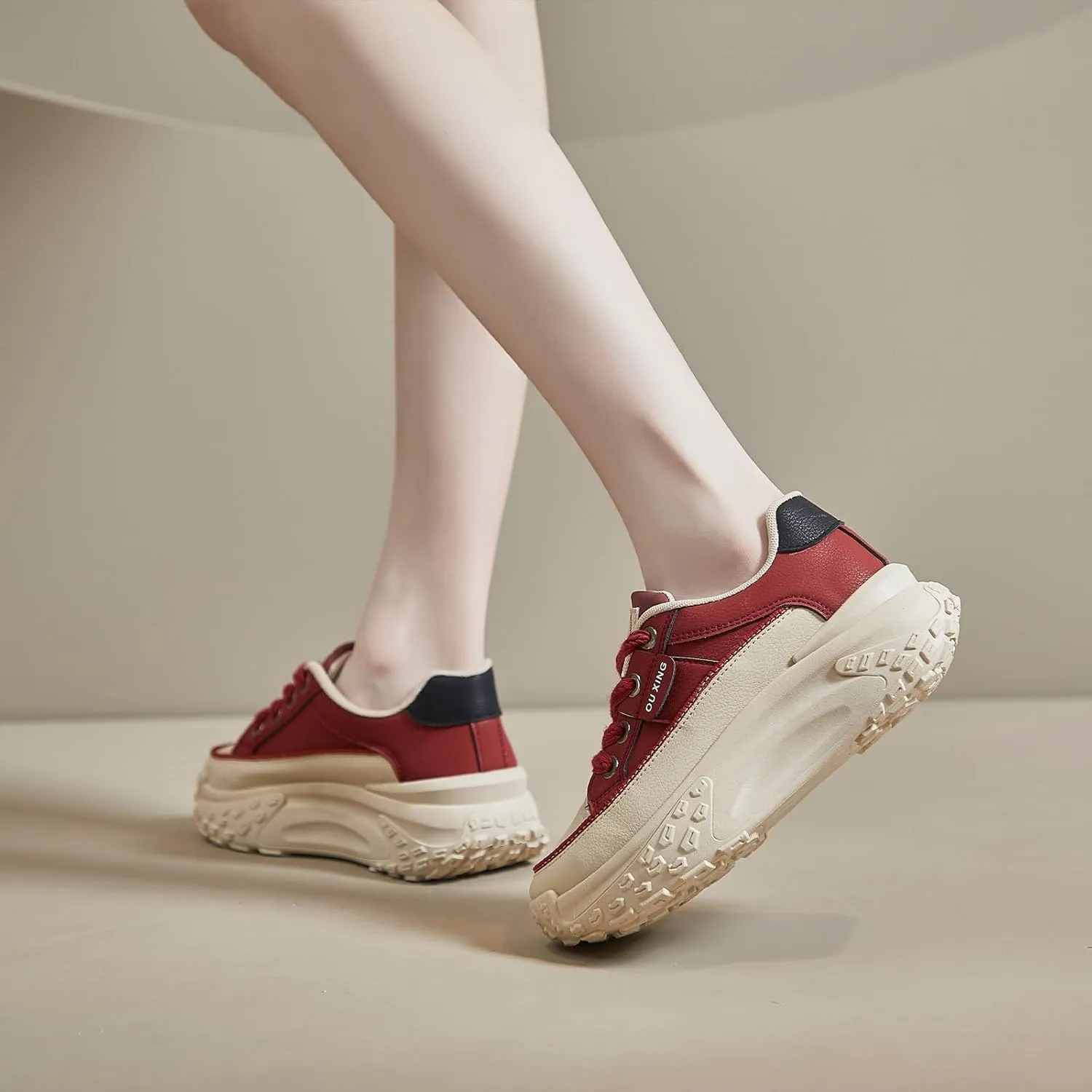 Women's Leather Platform Increasing Sneakers Fashion Chunky Lace Up Low Top Sports Trainers High Top Casual Non-Slip Walking Dad Shoes